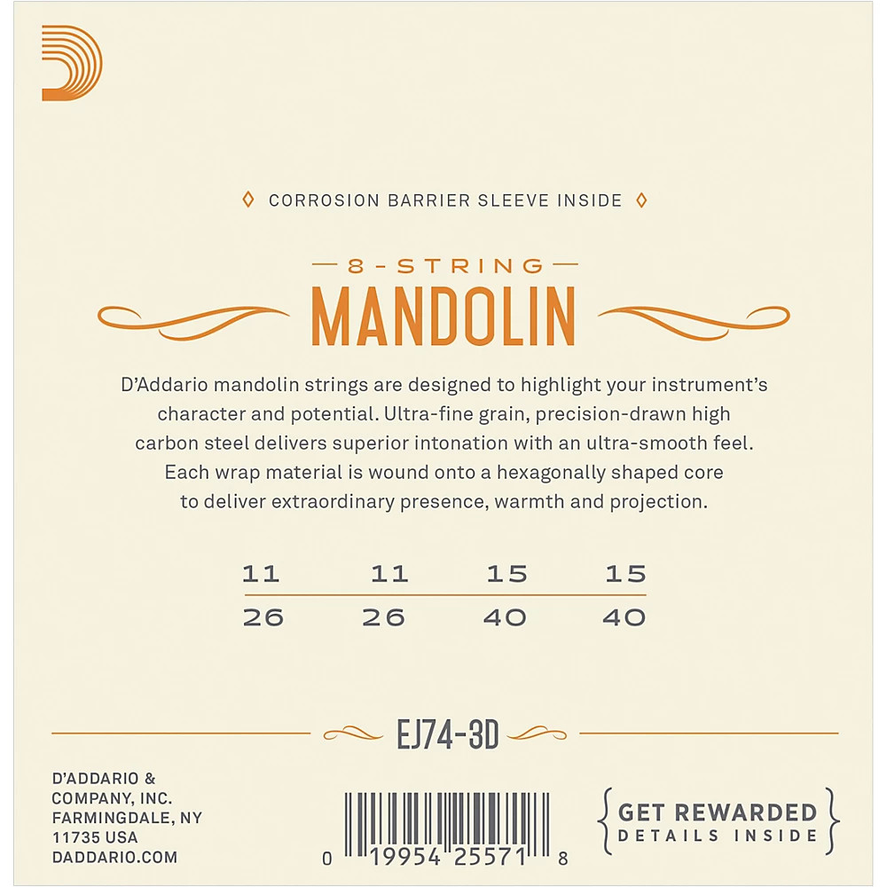 D'Addario EJ74-3D Phosphor Bronze Medium Mandolin Strings, 11-40 (3 Pack)