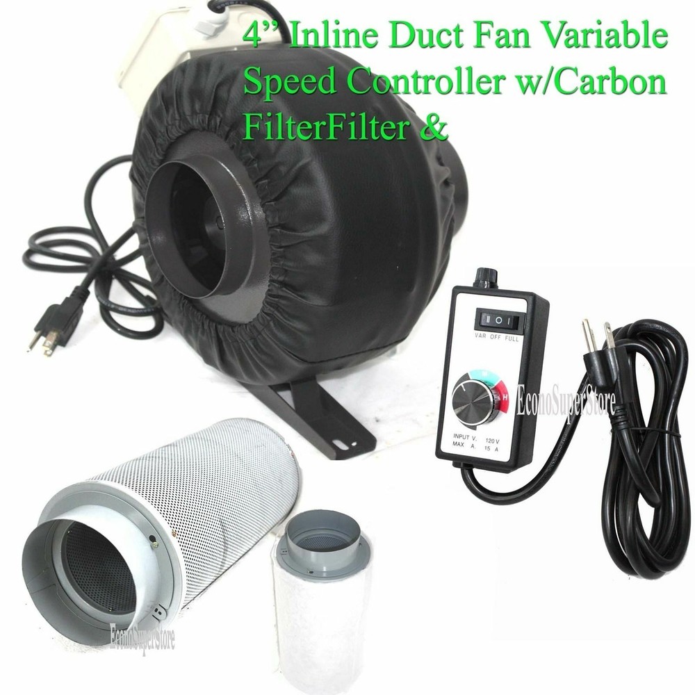 4" Variable Speed Control Inline Hydroponic Duct Fan Blower 190CFM Carbon Filter