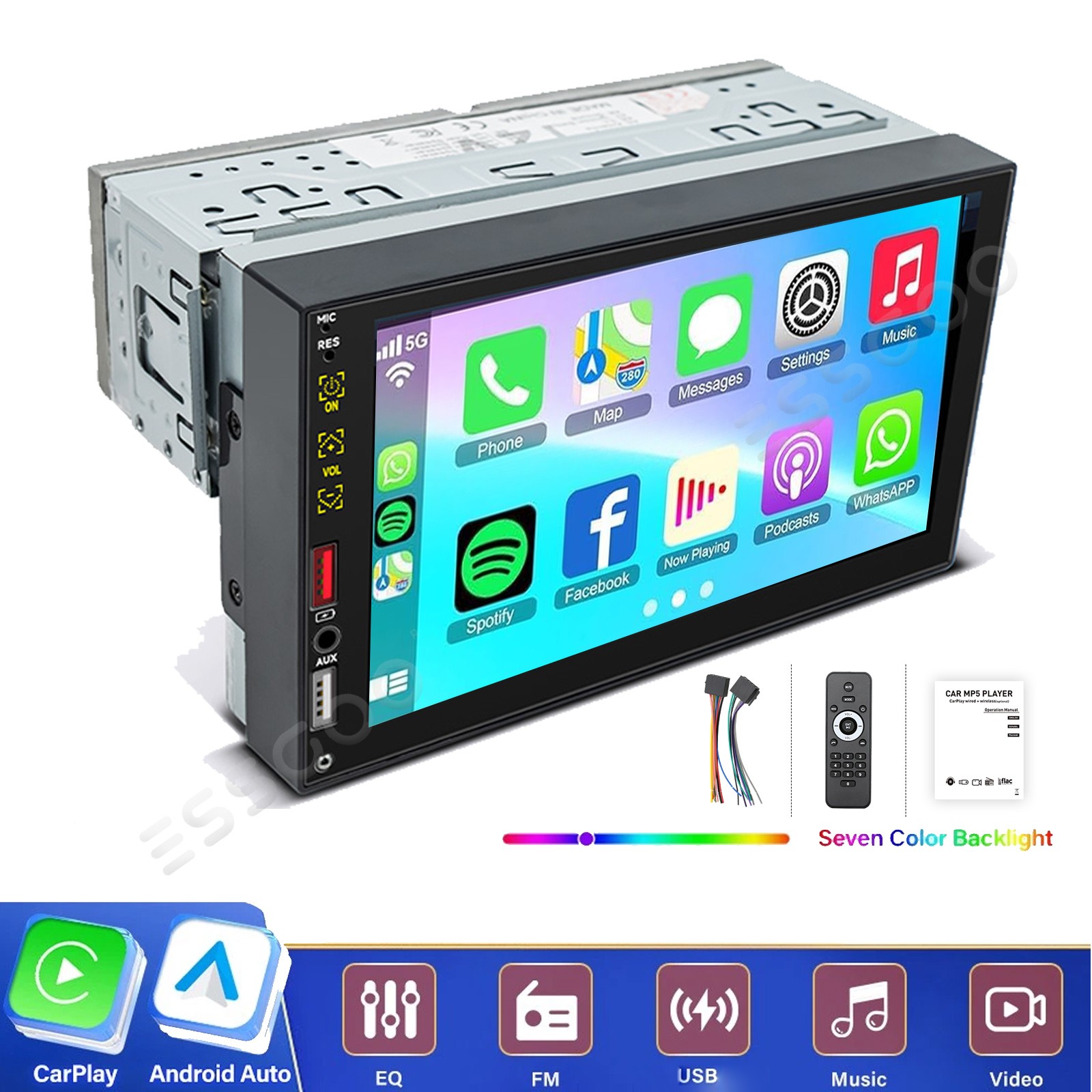 Single 1 Din Car Stereo Apple CarPlay 7" Touchscreen Bluetooth Radio SWC USB FM