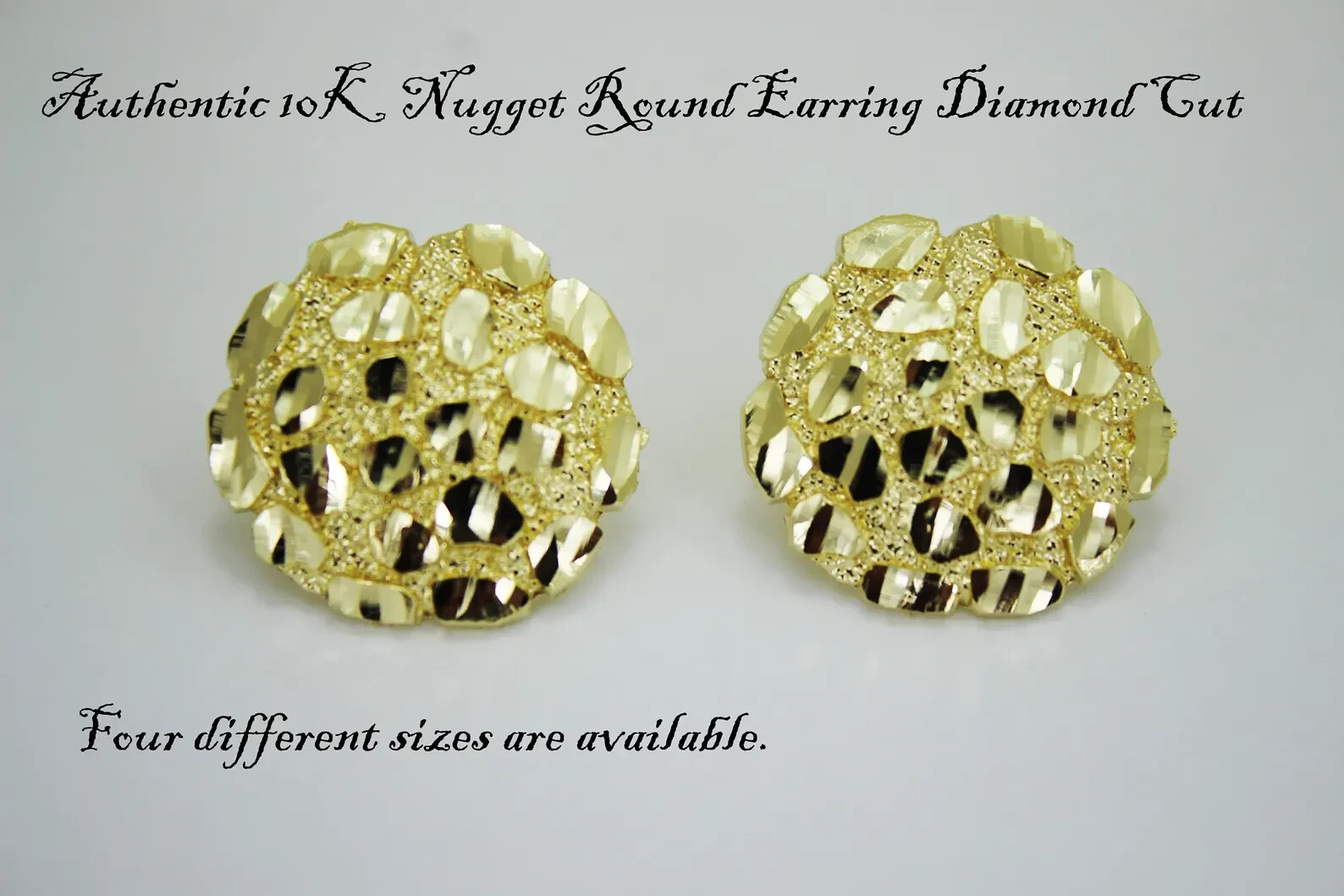 10K Soild Yellow Gold Nugget Round Diamond Cut Stud Earrings for Men Wome