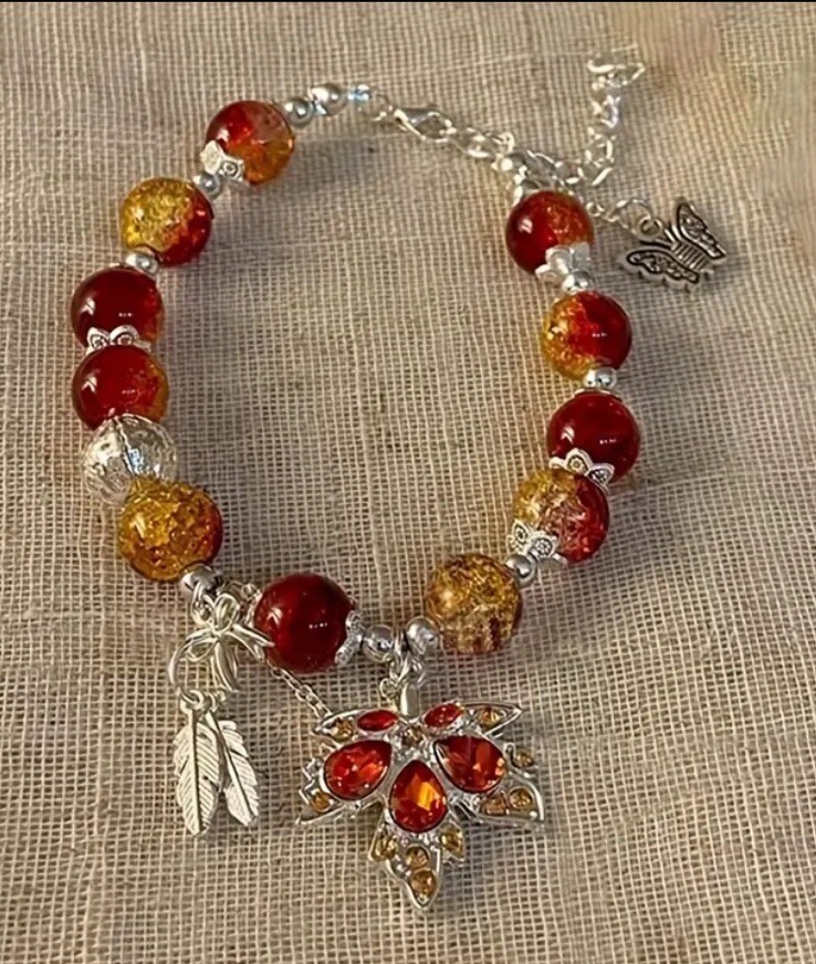 Dazzling Autumn Bracelet Glass Beaded Maple Leaf Dangle Feather Slight Stretch