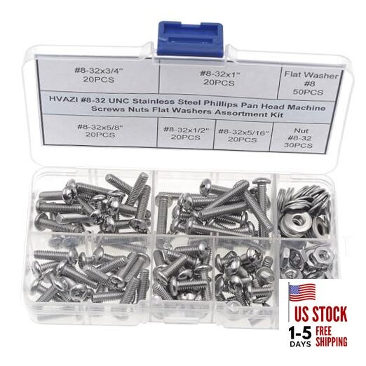 #8-32 UNC Stainless Steel Phillips Pan Head Machine Screws Nuts Flat #8-32UNC