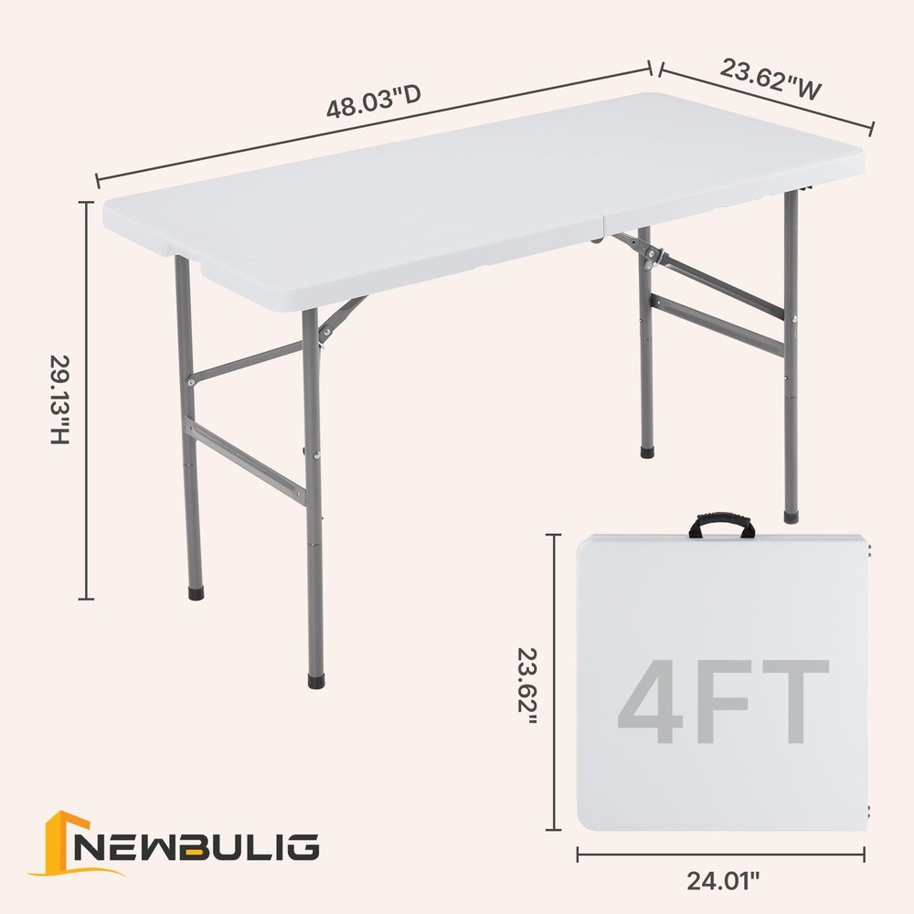 4 FT Folding Table Plastic Portable Fold-in-Half Table Heavy Duty for Camping...
