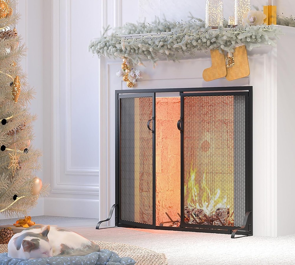 Fireplace Screen with Magnetic Doors, 2-Pannel Handcrafted Solid Wrought Iron...