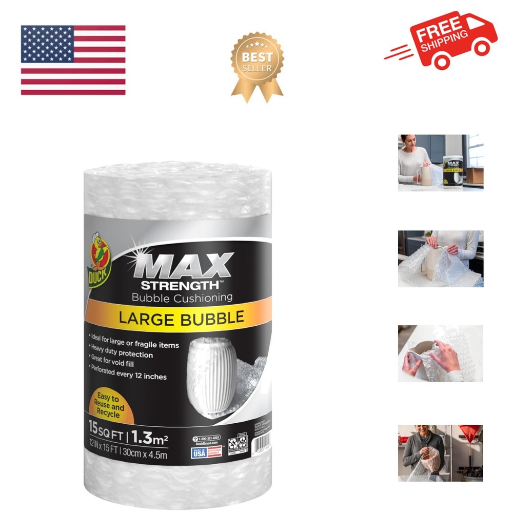 Max Strength Bubble Cushioning Wrap for Moving & Shipping, 15 FT, Large Bubbl...