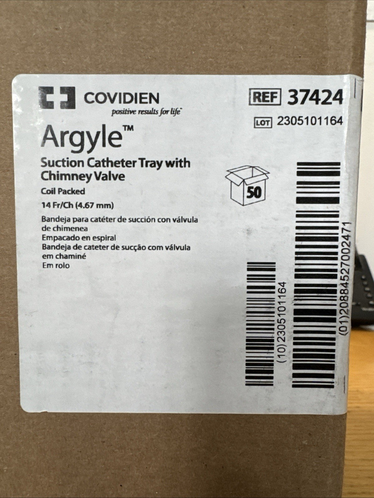 Cardinal Argyle Suction Catheter Tray W/ Chimey Valve 14 Fr/Ch 37424 Case 150pcs