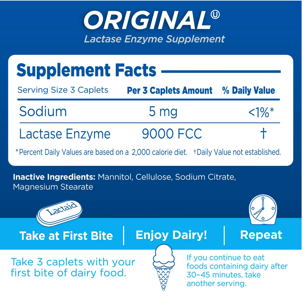 Lactaid Original Lactase Enzyme Supplement 120 Caplets Dairy Support