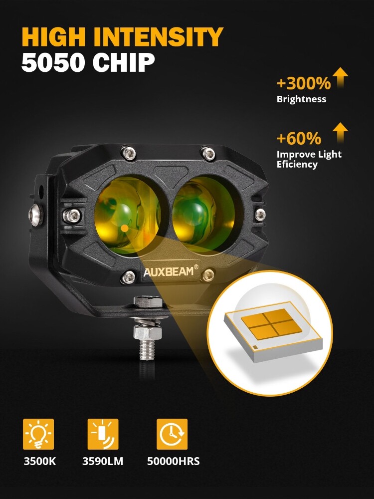 AUXBEAM 4" LED Pods Light Bar Amber Yellow Fog Lamp Offroad Driving Truck ATV