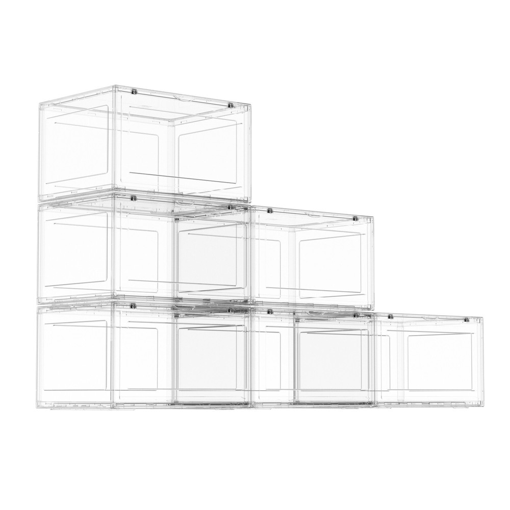 Large 6 Pack Plastic Stackable Shoe Organizer with Magnetic Door, Clear