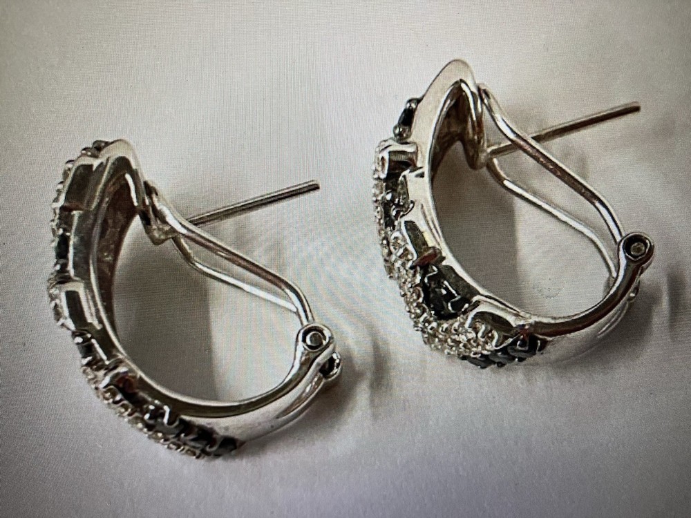 14K BLACK WHITE DIAMOND EARRINGS OMEGA BACK