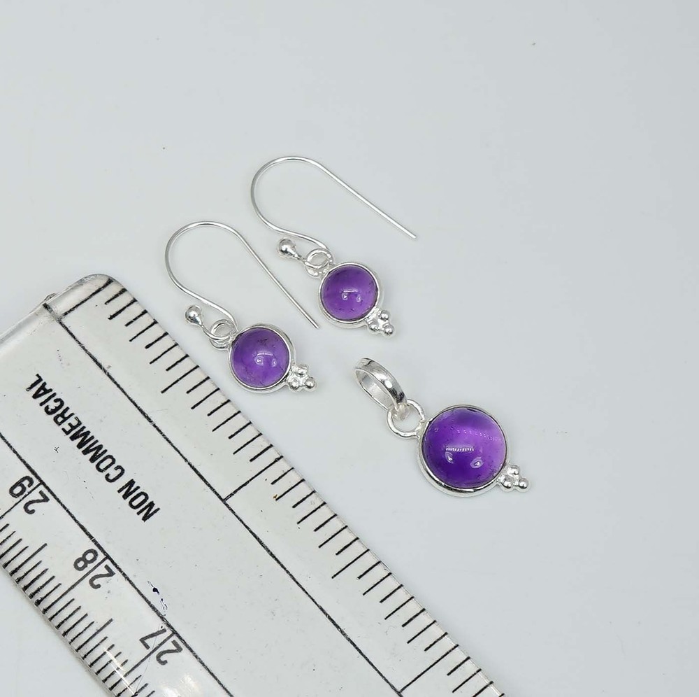 925 Solid Sterling Silver Purple Amethyst Hook Earring Pendant Set