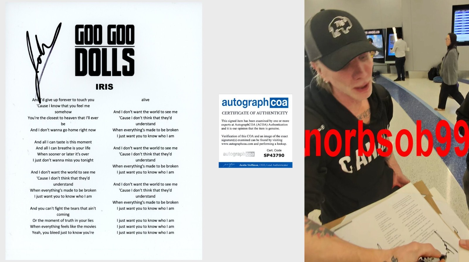 JOHNNY RZEZNIK GOO GOO DOLLS SIGNED IRIS LYRIC SHEET EXACT PROOF & AUTOGRAPH COA