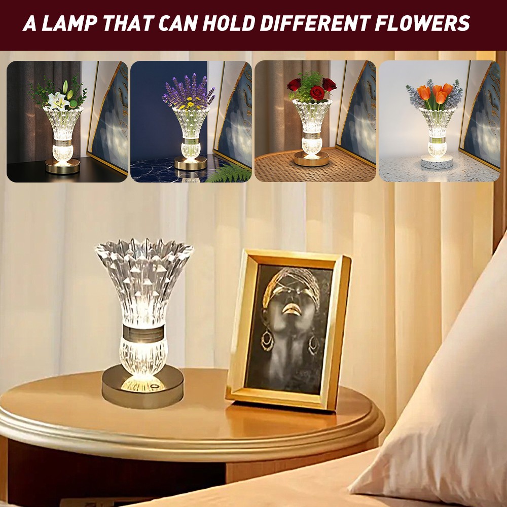 LED Crystal Table Lamp Vase Night Light Touch Dimmable Atmosphere Bedside Gift