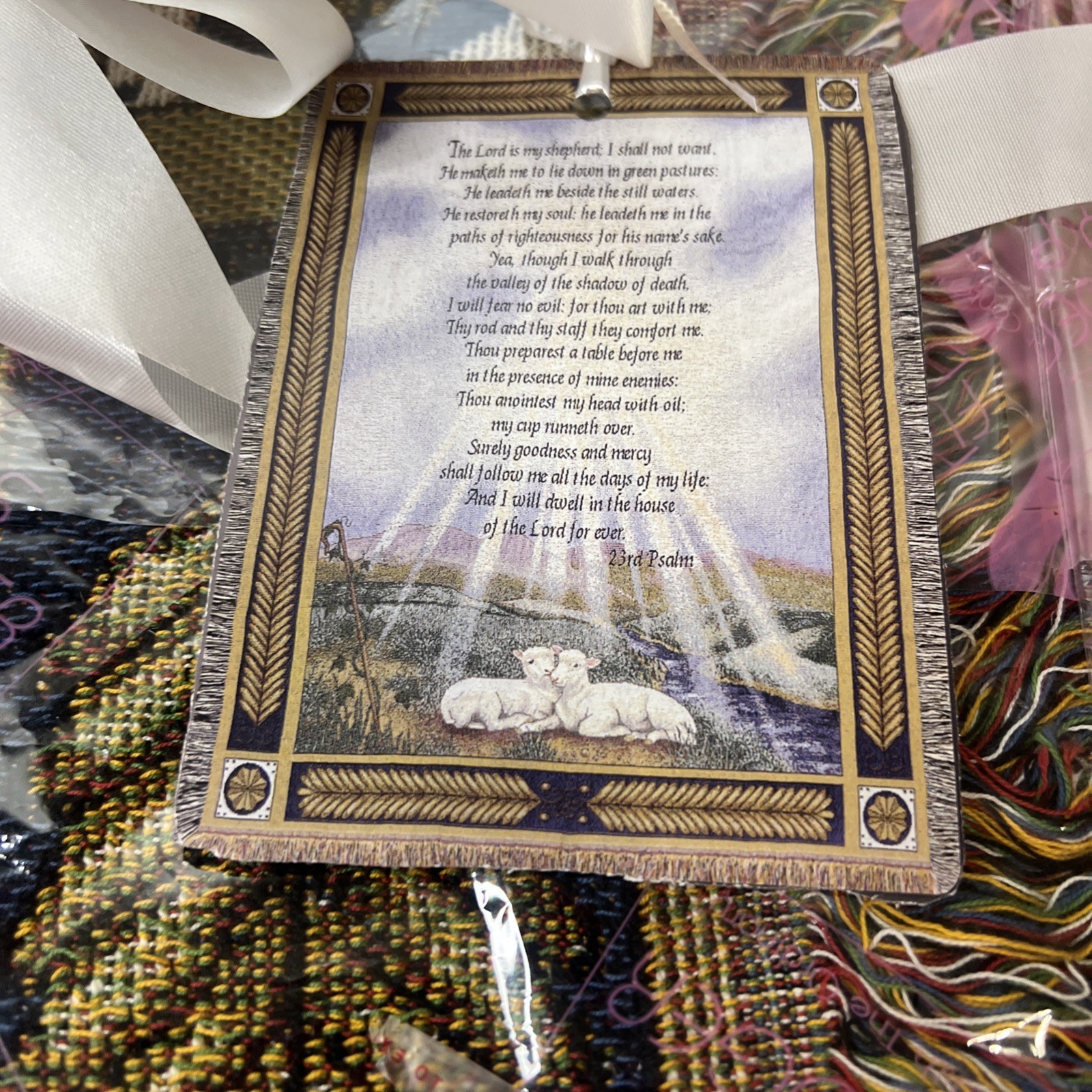 NEW Woven Tapestry of the 23rd Psalm 60"x50" Christian Prayer Lamb Blanket Decor