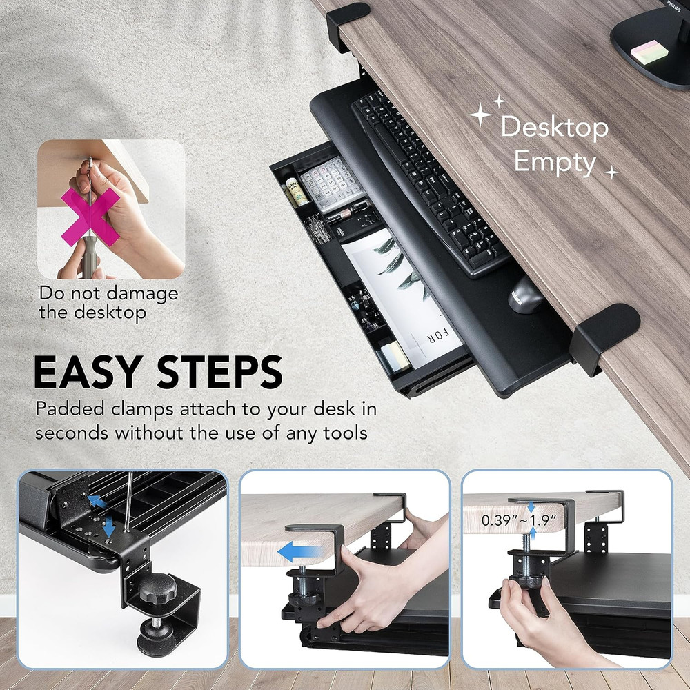 Adjustable Keyboard Tray with Drawer - Under Desk Pull Out Organizer 27.5