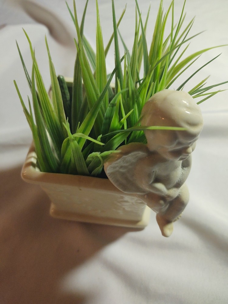 Vintage 70's Cherub Angel Planter Ivory Ceramic Rectangle Religious