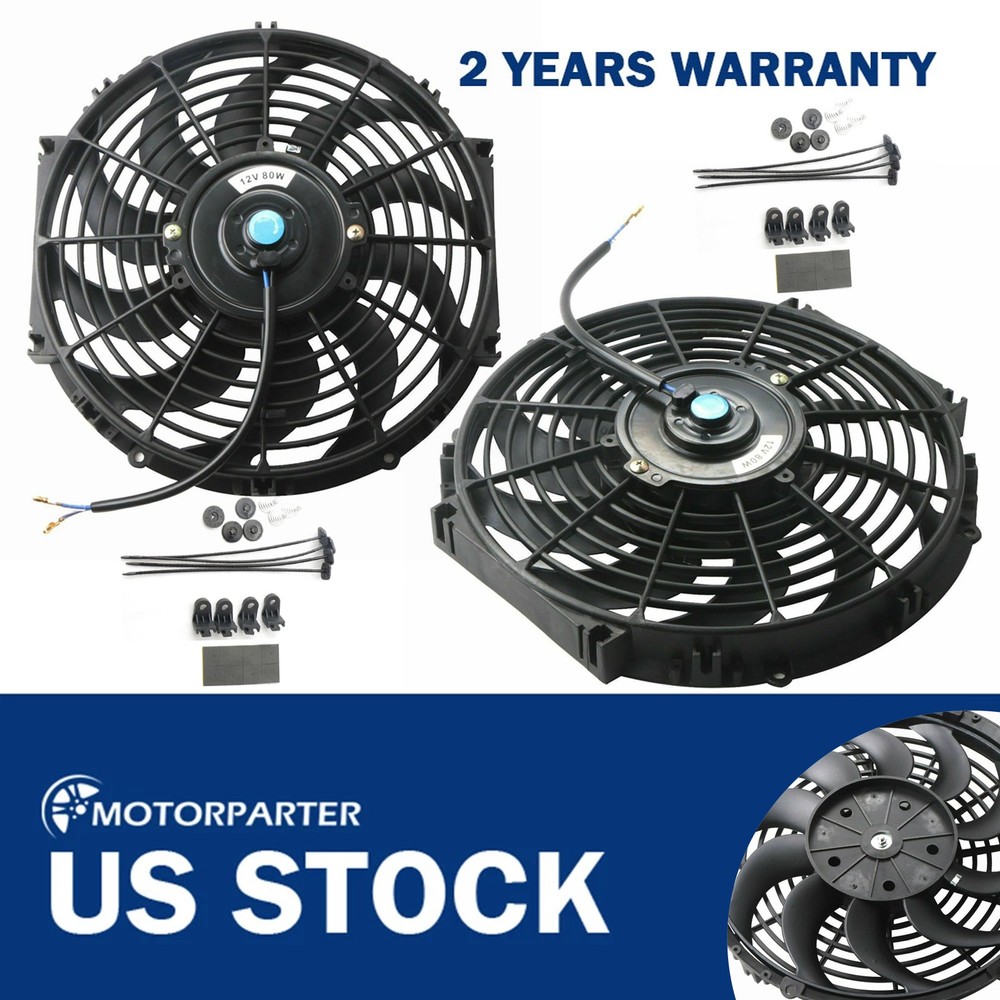 2PCS 12in Universal Engine Cooling Fan Slim Pull Push Radiator 12V W/ Mount Set