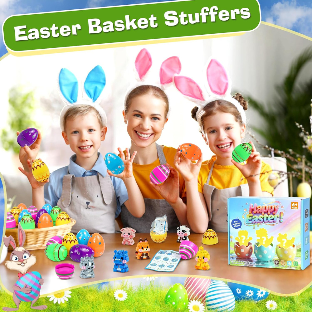 Easter Basket Stuffers Essentials, 12 Pcs Mini Animal Building Blocks with Easte