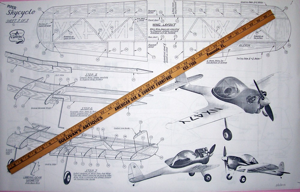 Capitol PIPER SKYCYCLE 3 PLANS + PATTERNS for 30" Span UC Scale Model Airplane