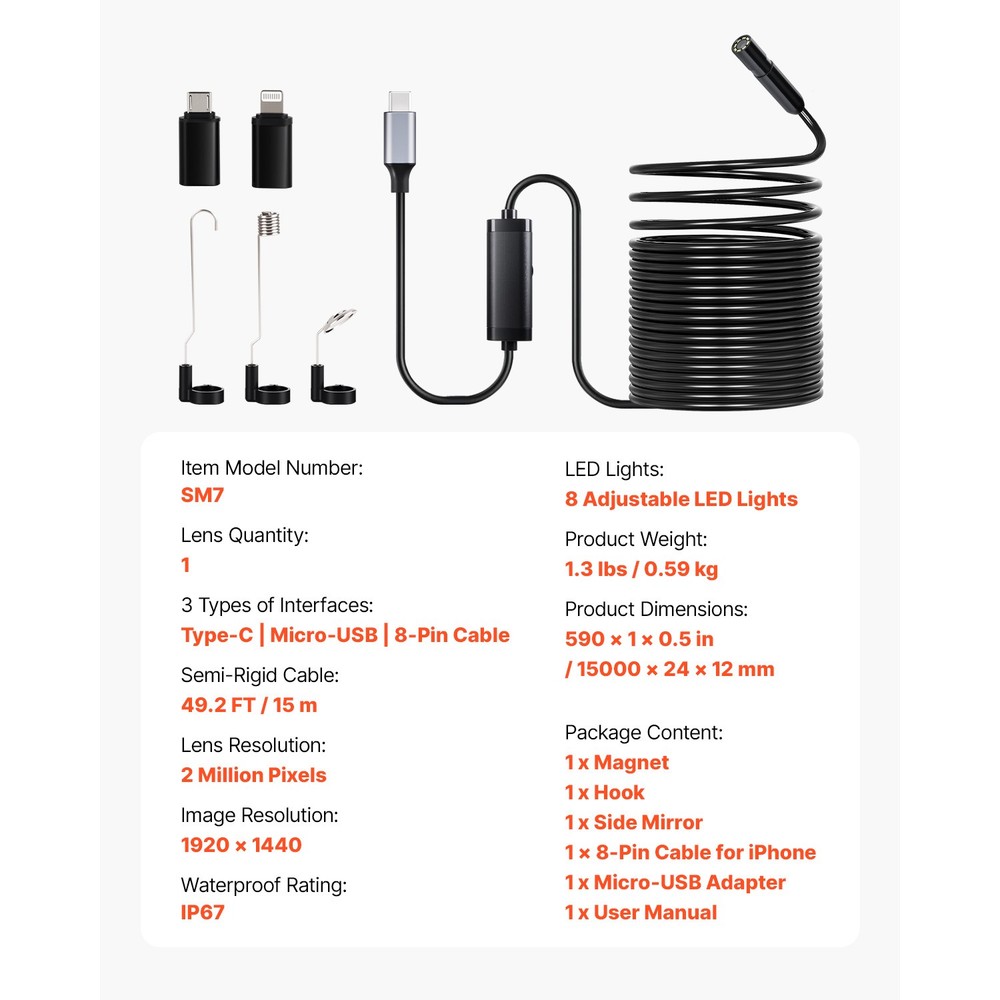 Endoscope Camera 1920P HD Borescope for Android & IOS with 49.2FT Cable