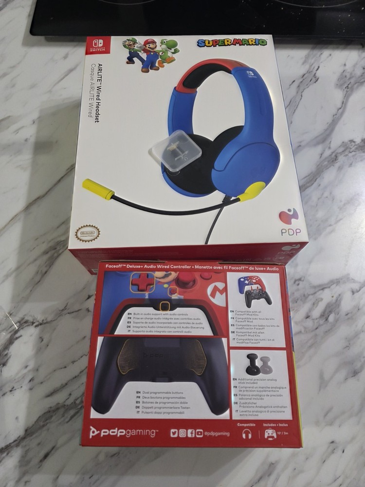 PDP Super Mario Wired AIRLITE Headset & Faceoff Deluxe+ Audio Controller Bundle