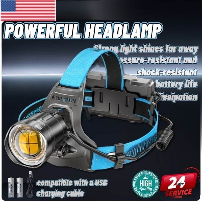 500000LM Led Headlamp Zoomable USB Headlight Waterproof Torch Fishing Flashlight