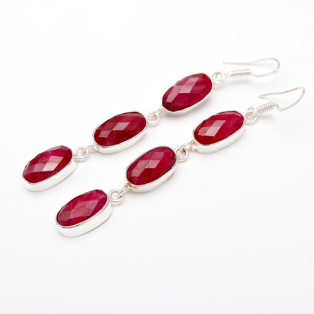 Ruby Lab Created Gemstone Dangle Handmade 925 Sterling Silver Earring Jewelry