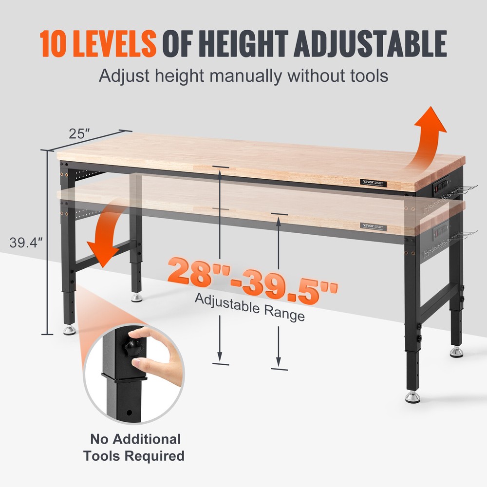 VEVOR Adjustable Height Workbench 72"L x 25"W Work Bench Table w/ Power Outlets
