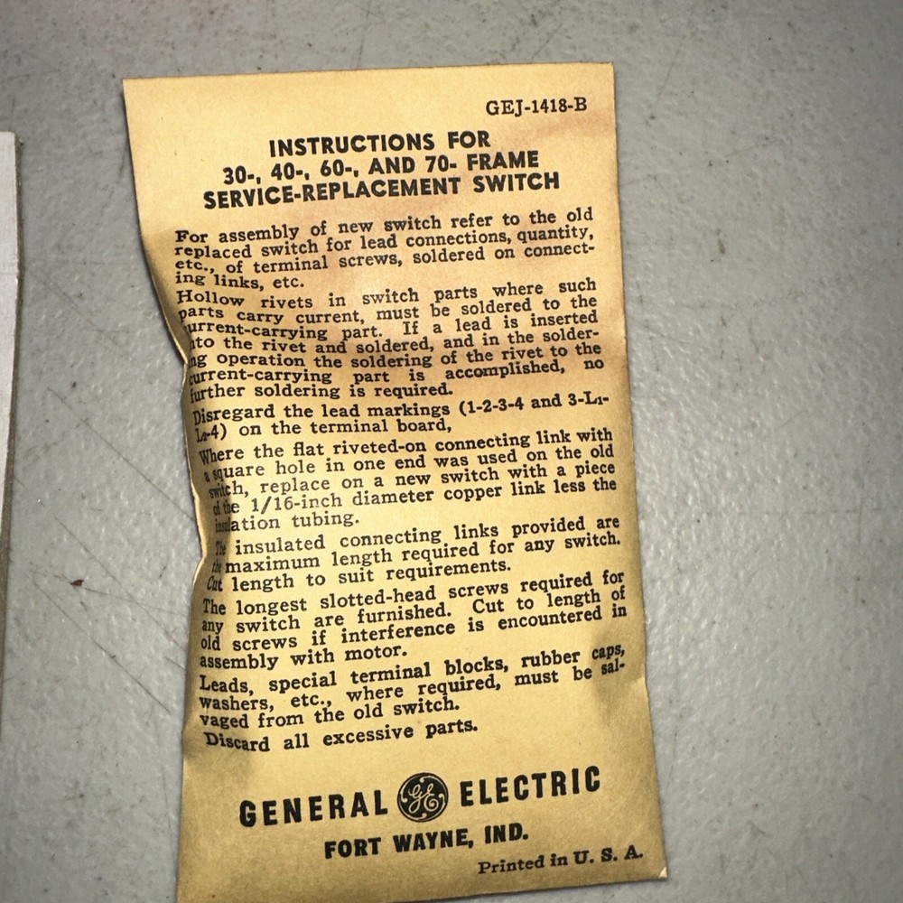 General Electric Replacement Service Starting Switch 113A818A B1 NOS