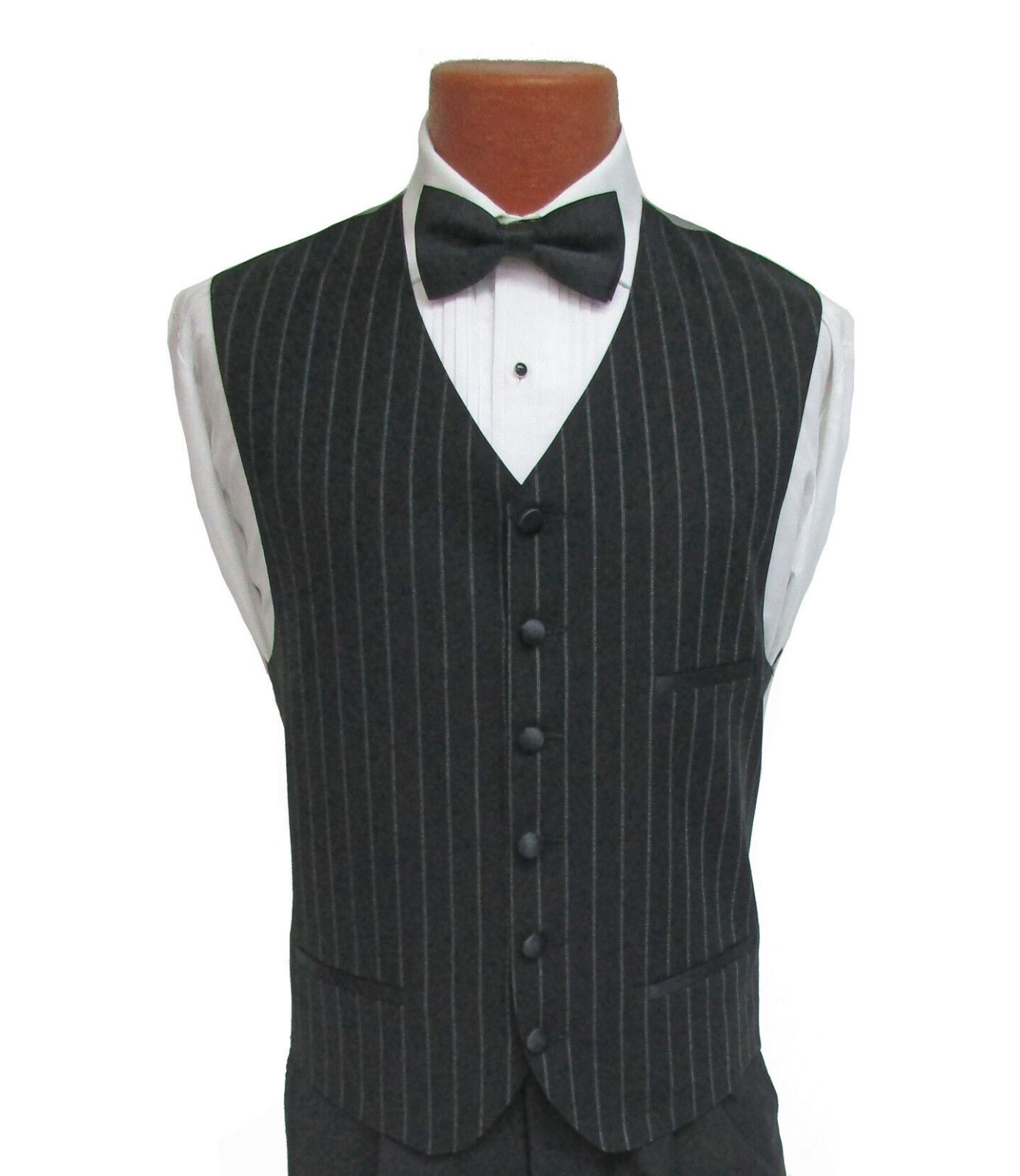 Men's Ecko Black Tuxedo Vest Set with Bow Tie Pinstriped Wool - Size Medium