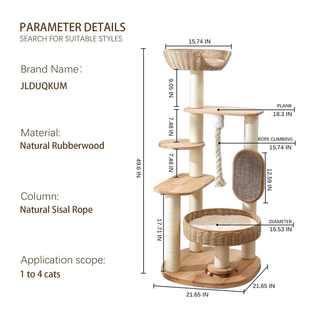 Large Cat Tree Tower 49.6" with Scratching Post, Multi-Level Condo & Bed