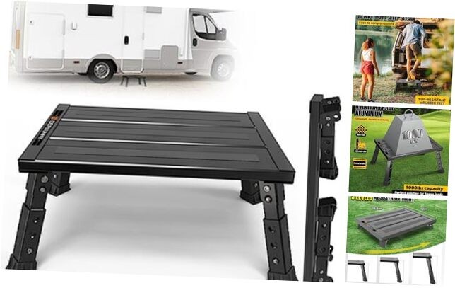 Adjustable RV Step Stool, 3-Step Height Adjustment, Foldable Legs, Carton Black