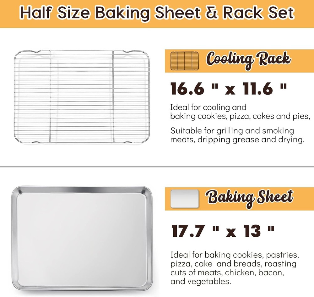 E-far Cookie Sheet with Rack Set, Half Baking Pan for 17.7x13, Silver
