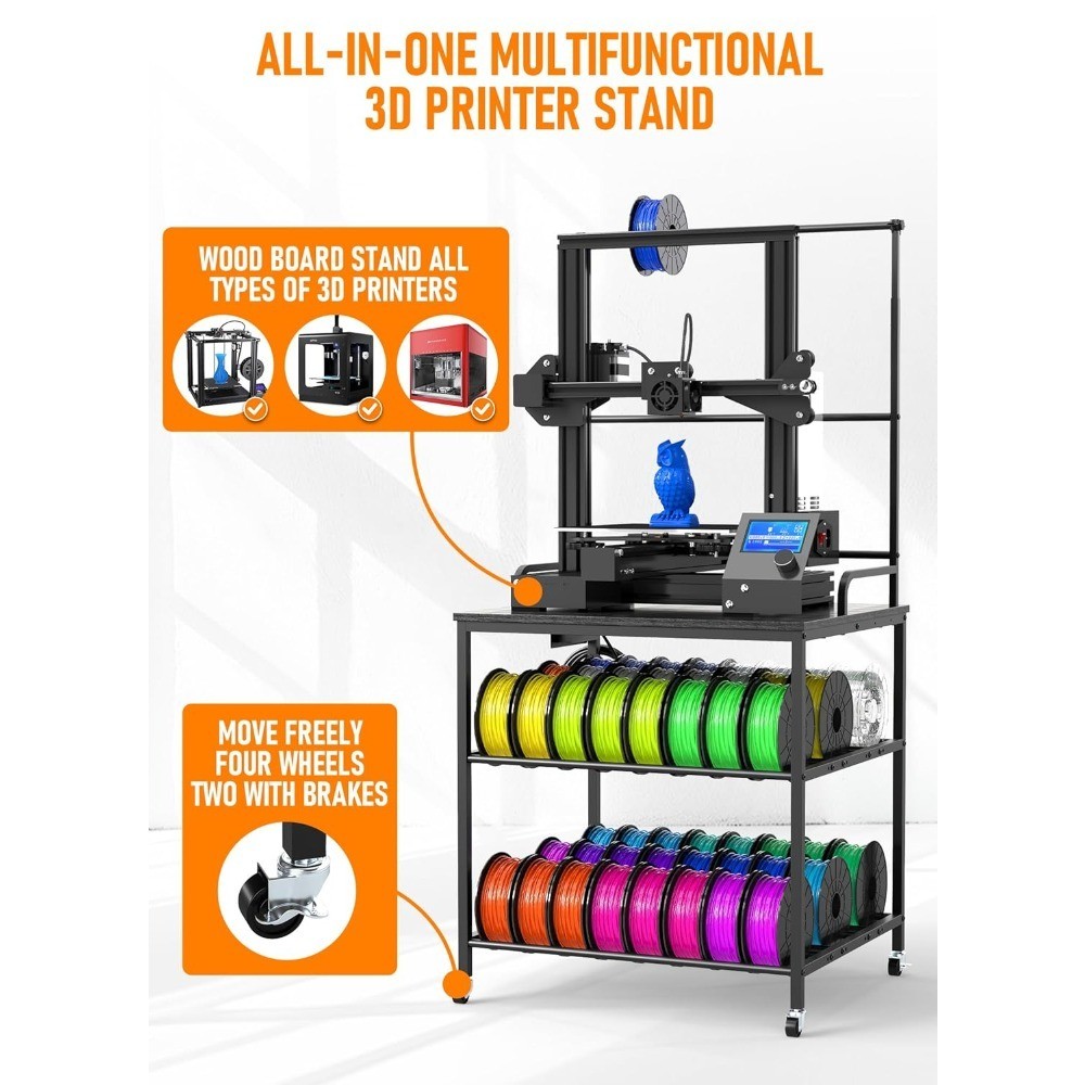 3D Printer Stand with Filament Storage 3 Tier Rolling Printer Desk with Wheels