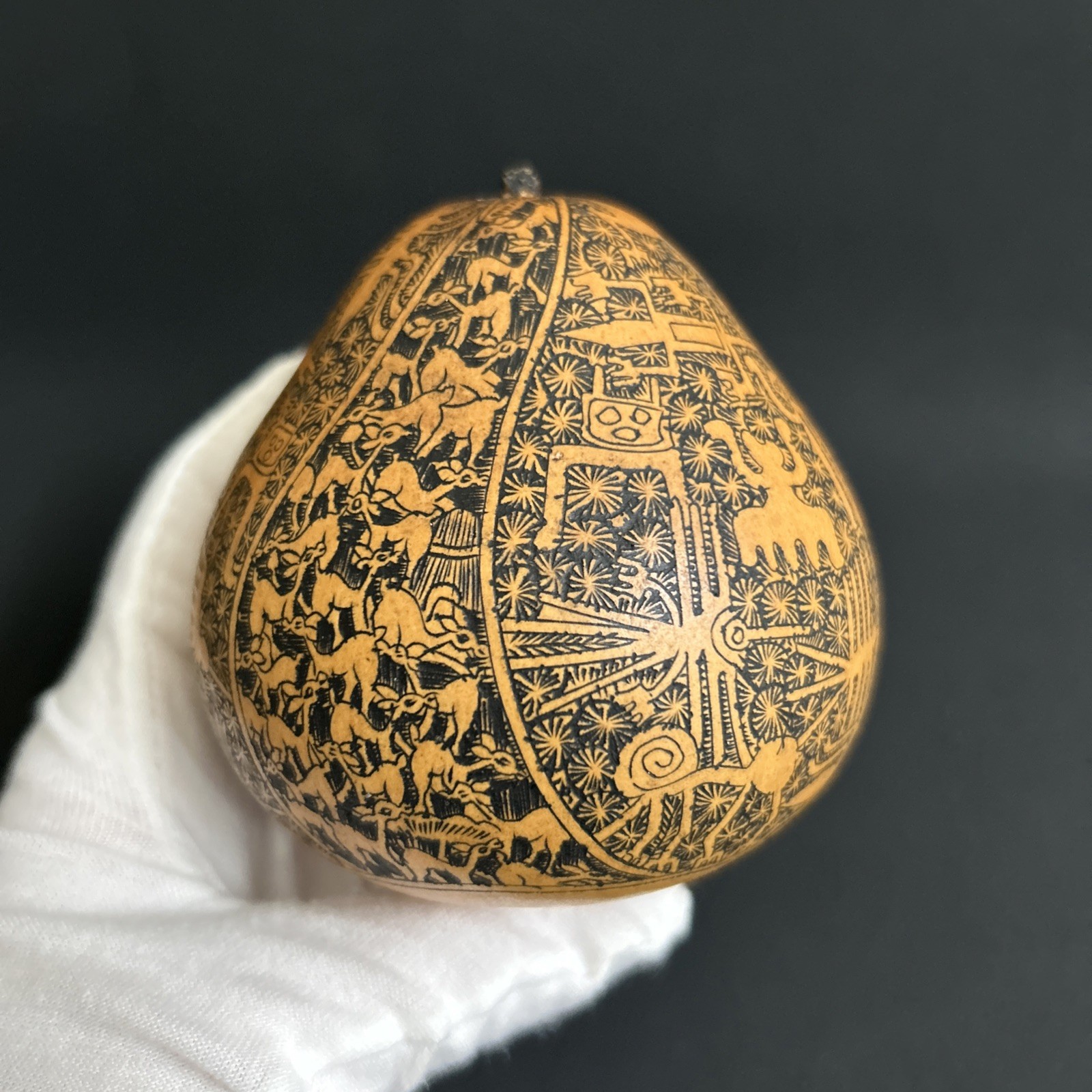 Exquisitely Hand-Carved Natural Gourd with Peruvian Cultural Motifs and Totems