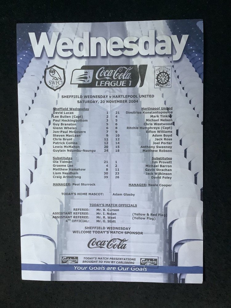 2004/5 Sheff Wed v Hartlepool Utd teamsheet