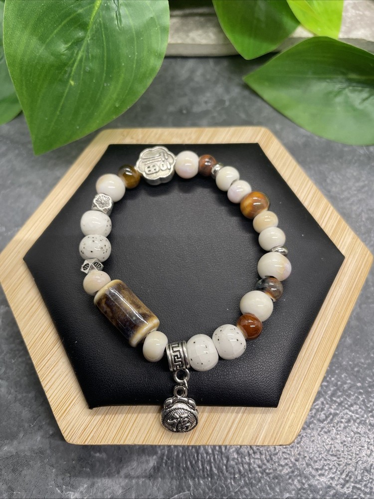 Handmade Ceramic Bead Beaded Stackable 6.5” Plus Stretch Bracelet New B293
