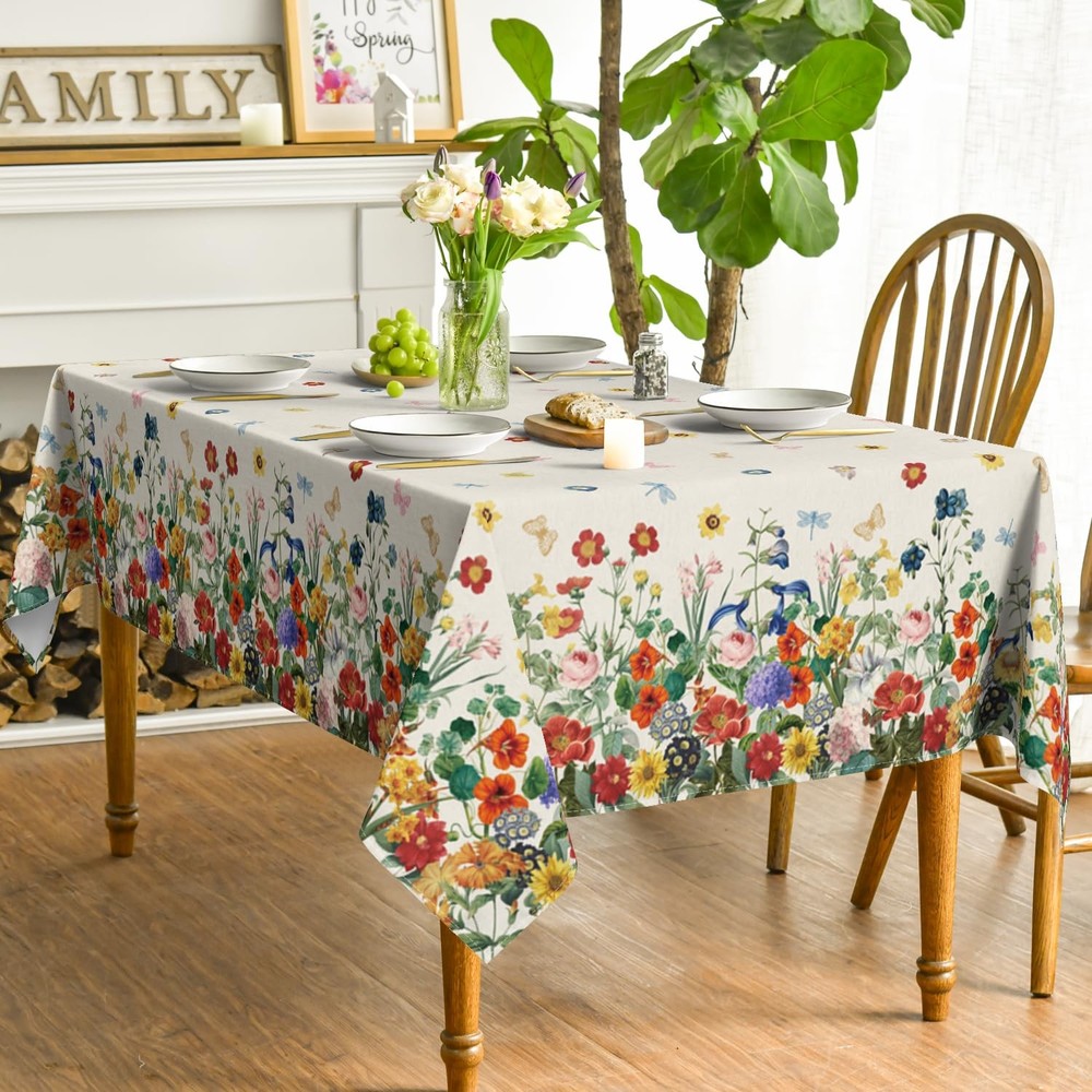 Spring Tablecloth 60×104 Inch Rectangular, Floral Flowers Washable Table Cove...