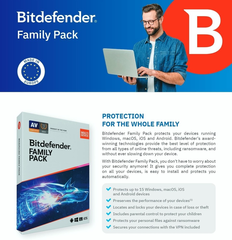 Bitdefender Family Pack 2025 - 2 Years 15 Devices (Windows,MAC,Android)