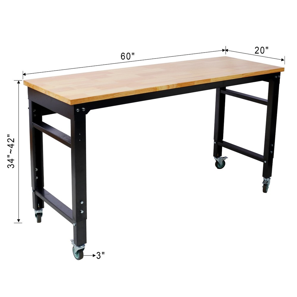 60" Garage Rolling Workbench Adjustable Height Metal Tool Bench Black