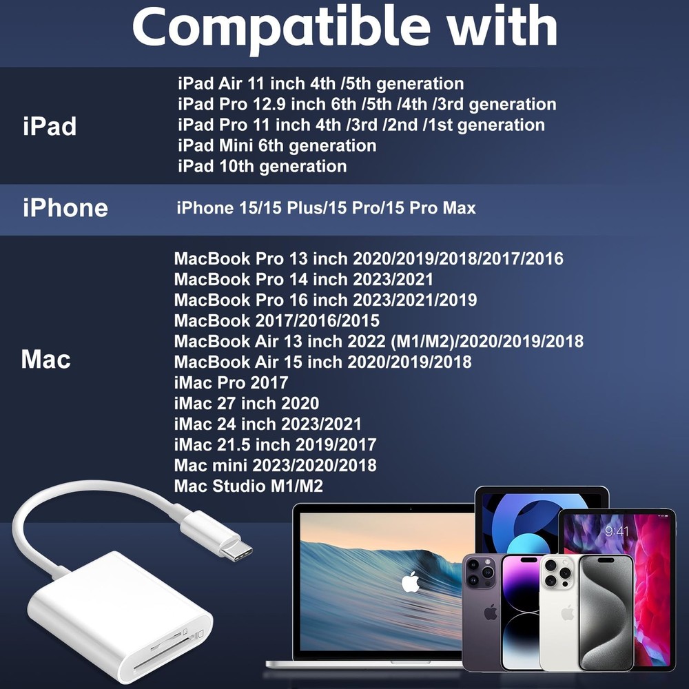 SD Card Reader for iPhone 15/16/iPad/MacBook - USBC Dual Port Memory white