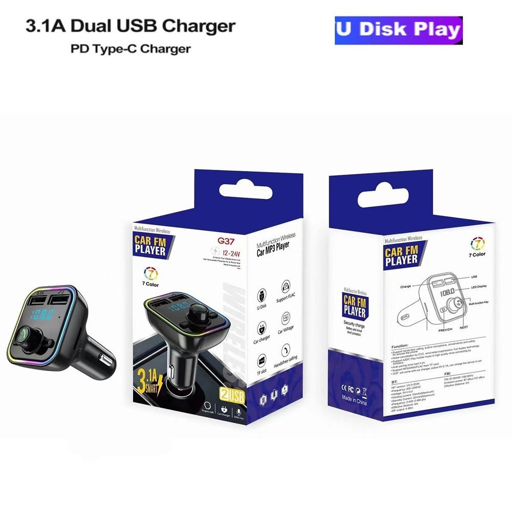 Bluetooth Car Wireless FM Transmitter Adapter 2USB PD Charger AUX Hands-Free