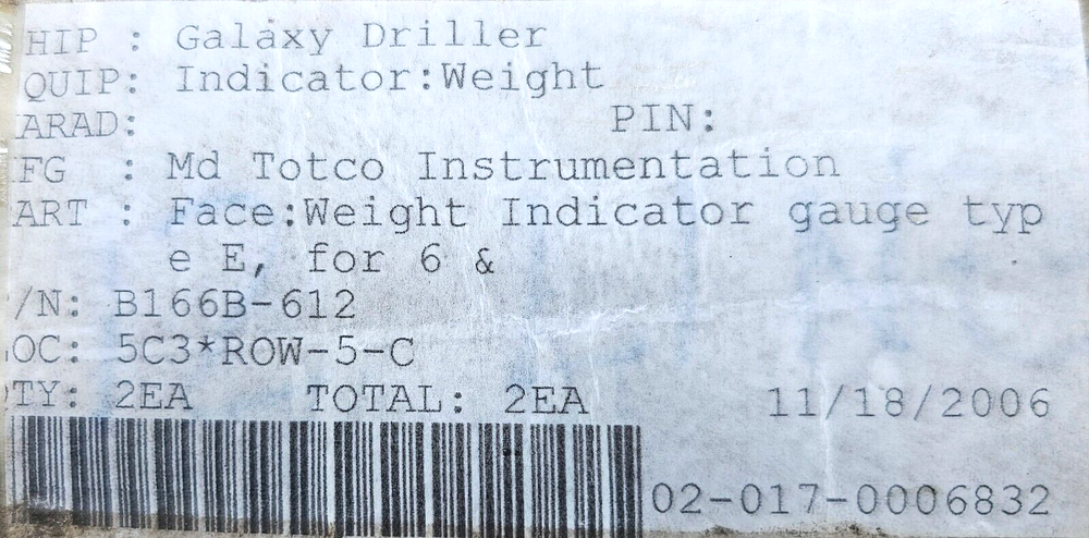 B166B-612 MD TOTCO WEIGHT INDICATOR FACE E TYPE MD TOTCO SIX LINES