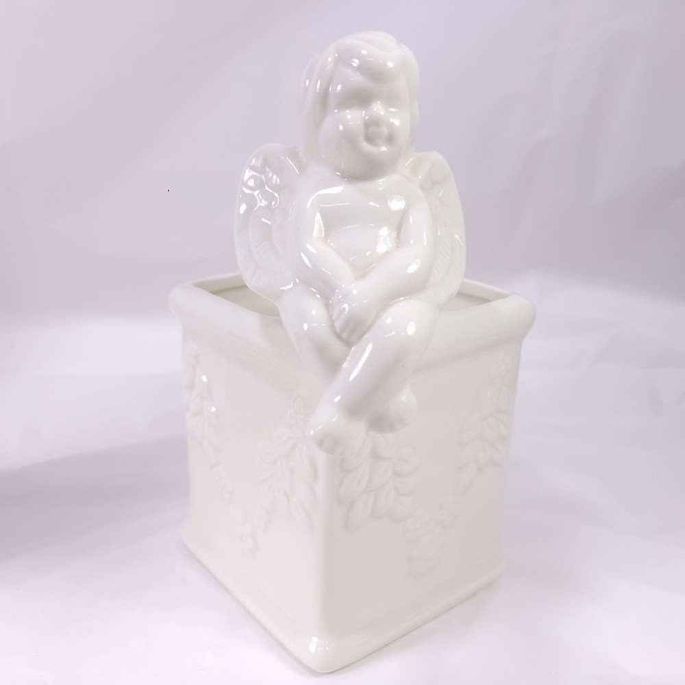 Angel Sitting Cherub White Ceramic Decorative Planter Pot