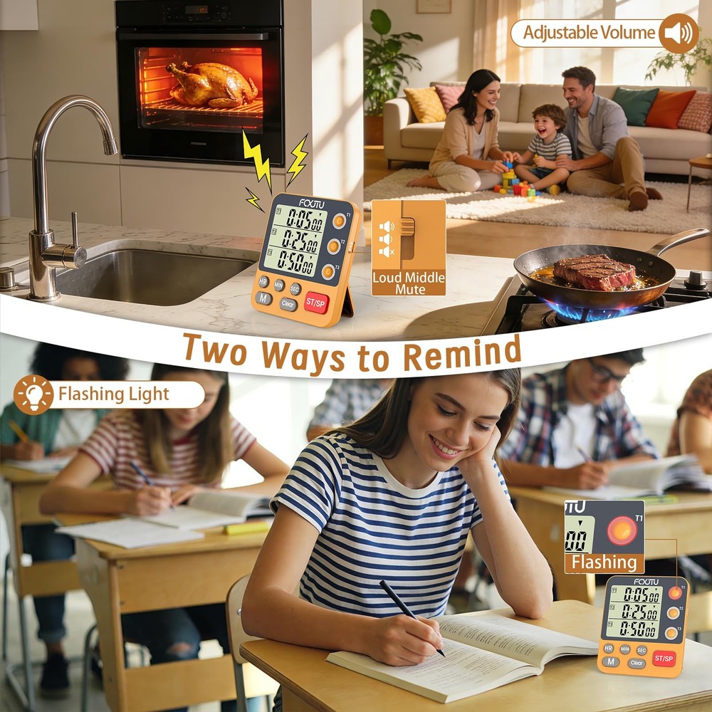 Digital Dual Triple Kitchen Timer, 3-Channel Magnetic Countdown Timer for Coo...