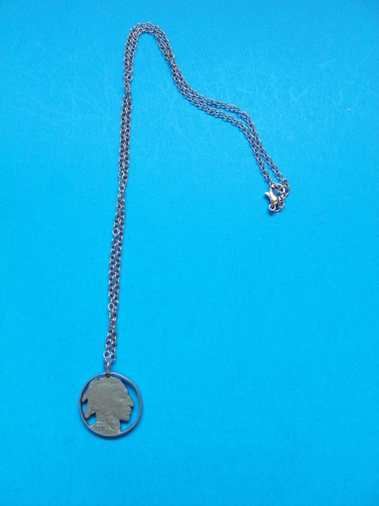 1937 ORIGINAL CUT OUT U.S. FIVE CENT NICKEL WITH 20" CHAIN