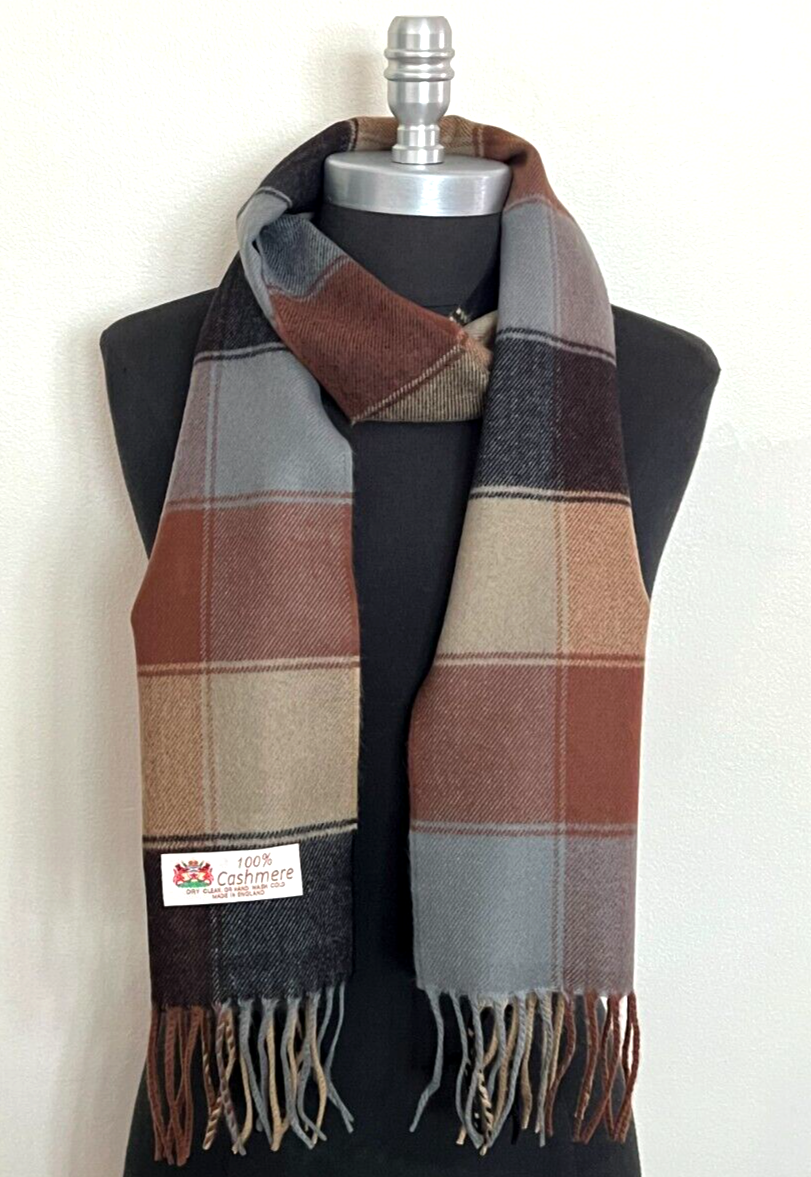 Men 100% CASHMERE SCARF Made in England Soft Wool Wrap Plaid Black / Gray /Brown