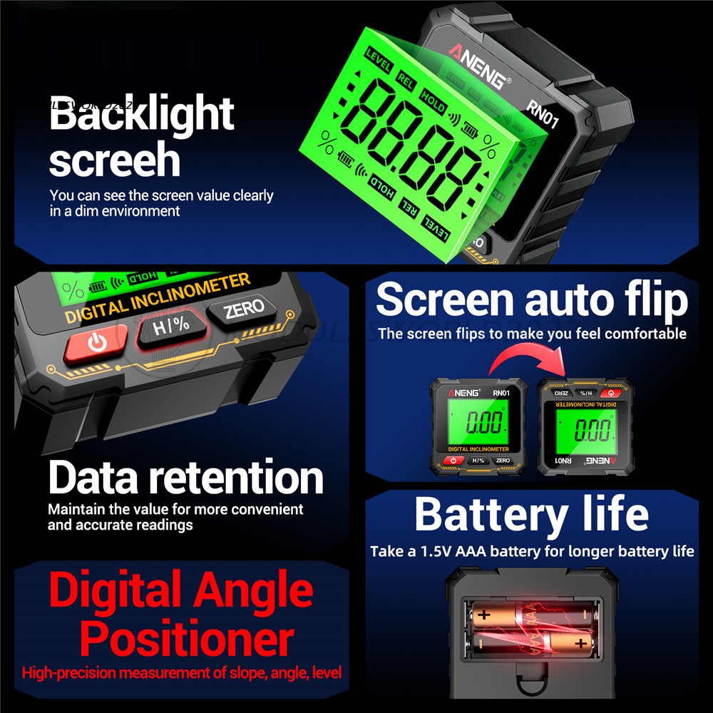 ANENG Digital Angle Finder Magnetic Protractor Level Box Inclinometer Tool 360°