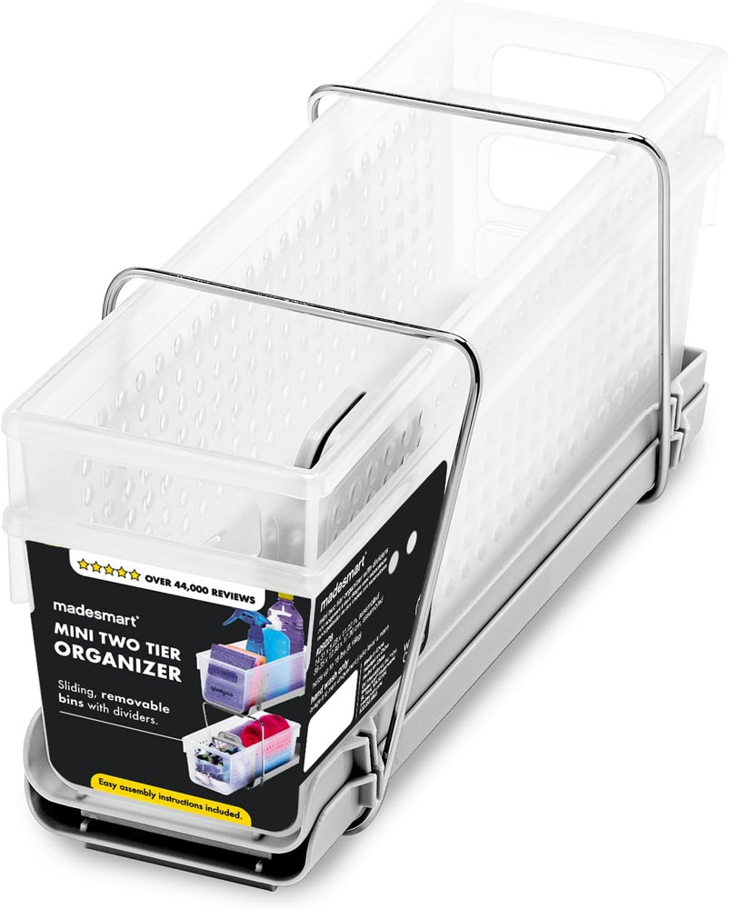 2-Tier Plastic Mini Multipurpose Organizer with Divided Slide-Out Storage Bins,