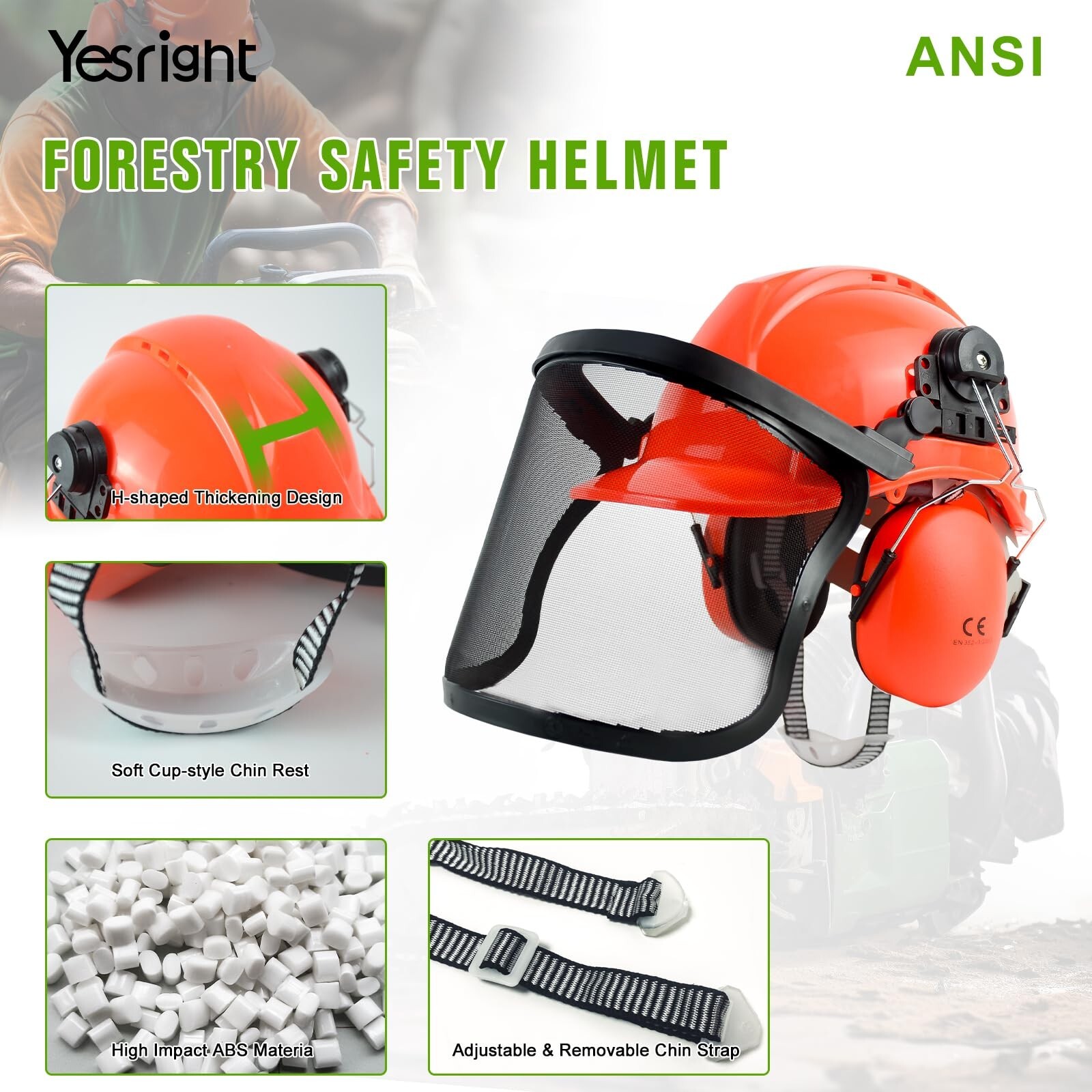 YesRight Chainsaw Helmet with Face and Ear Muffs Forestry Safety Helmet for Yard